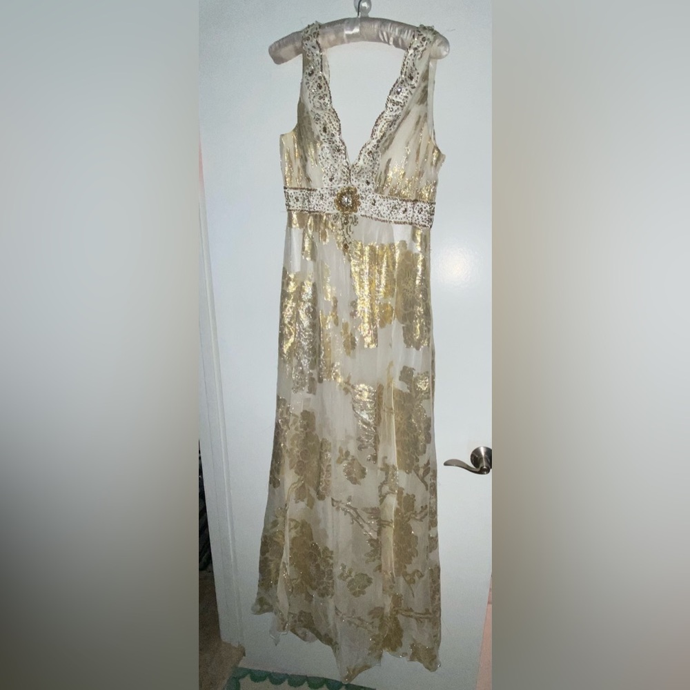 Sue Wong Nocturne Metallic Gold Sleeveless Beaded Long Princess Gown Dress Sz 14